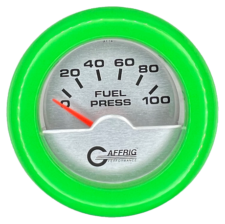 GAFFRIG 2 INCH ELECTRIC FUEL PRESSURE GAUGE 0-100 PSI FAT RIM (218) / LIME GREEN / PLATINUM