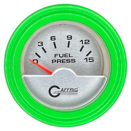 GAFFRIG 2 INCH ELECTRIC FUEL PRESSURE GAUGE 0-15 PSI STEP RIM (002) / LIME GREEN / PLATINUM