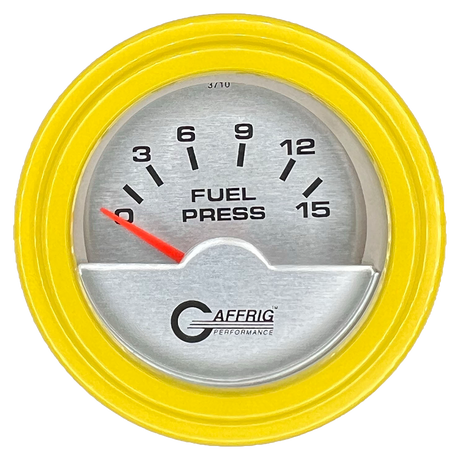 GAFFRIG 2 INCH ELECTRIC FUEL PRESSURE GAUGE 0-15 PSI STEP RIM (002) / YELLOW / PLATINUM