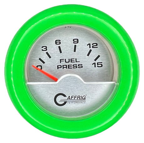 GAFFRIG 2 INCH ELECTRIC FUEL PRESSURE GAUGE 0-15 PSI FAT RIM (218) / LIME GREEN / PLATINUM