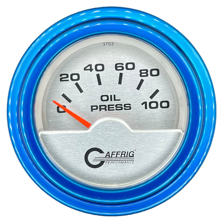 GAFFRIG 2 INCH ELECTRIC OIL PRESSURE GAUGE 0-100 PSI STEP RIM (002) / BLUE / PLATINUM