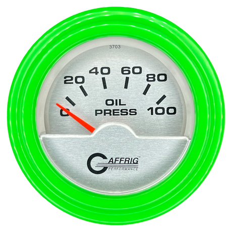 GAFFRIG 2 INCH ELECTRIC OIL PRESSURE GAUGE 0-100 PSI STEP RIM (002) / LIME GREEN / PLATINUM