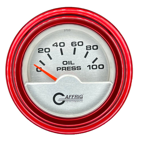 GAFFRIG 2 INCH ELECTRIC OIL PRESSURE GAUGE 0-100 PSI STEP RIM (002) / RED / PLATINUM