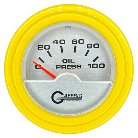 GAFFRIG 2 INCH ELECTRIC OIL PRESSURE GAUGE 0-100 PSI STEP RIM (002) / YELLOW / PLATINUM