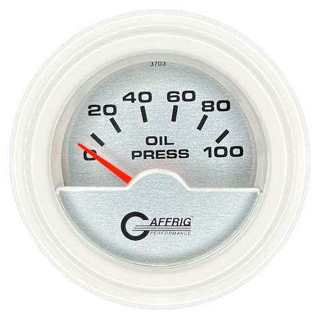 GAFFRIG 2 INCH ELECTRIC OIL PRESSURE GAUGE 0-100 PSI STEP RIM (002) / WHITE / PLATINUM