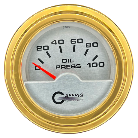 GAFFRIG 2 INCH ELECTRIC OIL PRESSURE GAUGE 0-100 PSI STEP RIM (002) / GOLD / PLATINUM