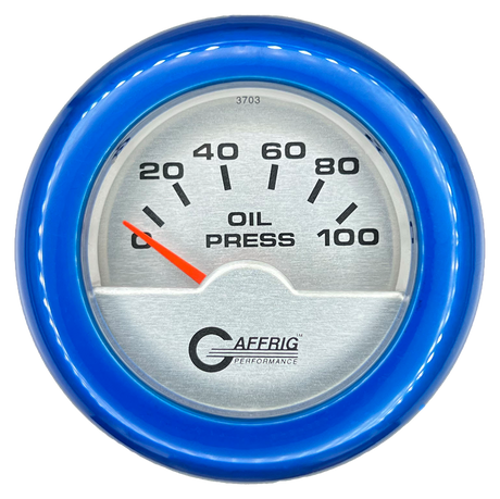 GAFFRIG 2 INCH ELECTRIC OIL PRESSURE GAUGE 0-100 PSI FAT RIM (218) / BLUE / PLATINUM