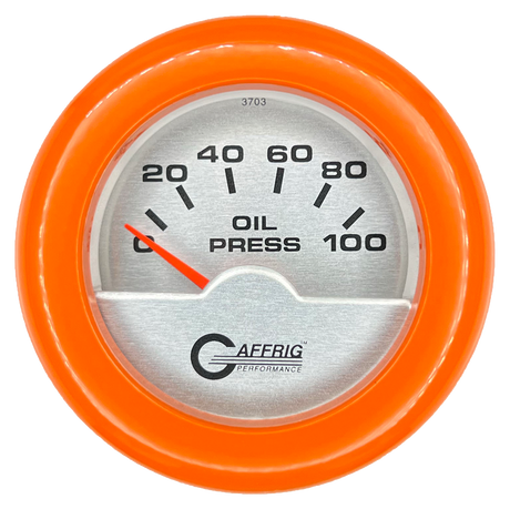 GAFFRIG 2 INCH ELECTRIC OIL PRESSURE GAUGE 0-100 PSI FAT RIM (218) / ORANGE / PLATINUM