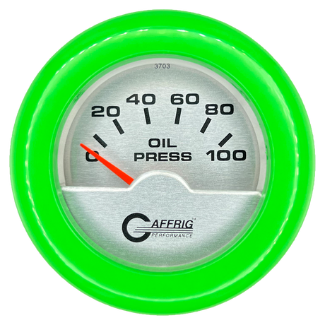 GAFFRIG 2 INCH ELECTRIC OIL PRESSURE GAUGE 0-100 PSI FAT RIM (218) / LIME GREEN / PLATINUM