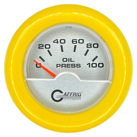 GAFFRIG 2 INCH ELECTRIC OIL PRESSURE GAUGE 0-100 PSI FAT RIM (218) / YELLOW / PLATINUM