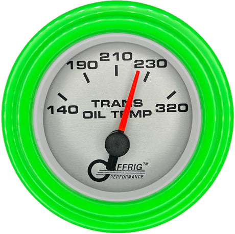 GAFFRIG 2 INCH ELECTRIC TRANSMISSION TEMP GAUGE 140-320 F STEP RIM (002) / LIME GREEN / PLATINUM