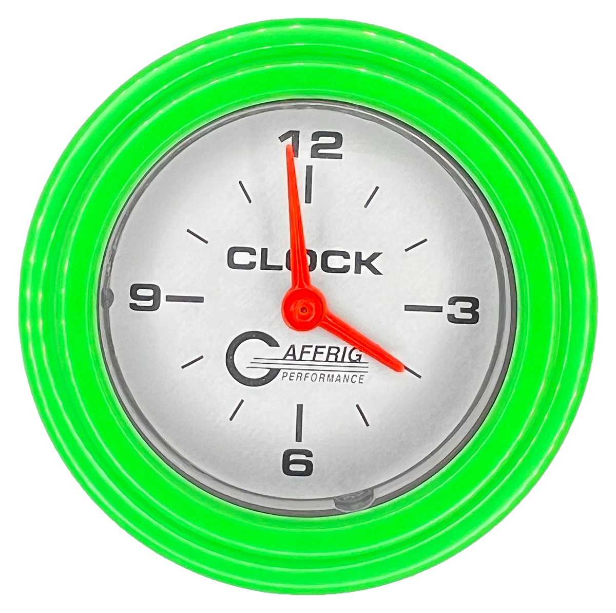 GAFFRIG 2 INCH ELECTRIC CLOCK GAUGE STEP RIM (002) / LIME GREEN / PLATINUM