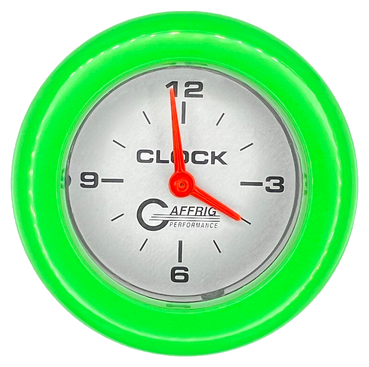 GAFFRIG 2 INCH ELECTRIC CLOCK GAUGE FAT RIM (218) / LIME GREEN / PLATINUM