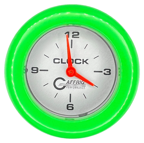 GAFFRIG 2 INCH ELECTRIC CLOCK GAUGE FAT RIM (218) / LIME GREEN / PLATINUM