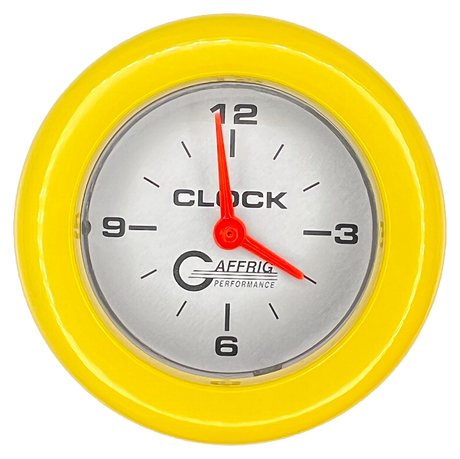 GAFFRIG 2 INCH ELECTRIC CLOCK GAUGE FAT RIM (218) / YELLOW / PLATINUM