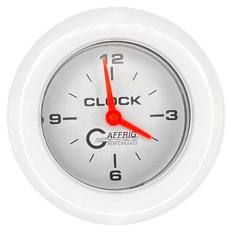 GAFFRIG 2 INCH ELECTRIC CLOCK GAUGE FAT RIM (218) / WHITE / PLATINUM