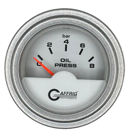 GAFFRIG 2 INCH INTERNATIONAL ELECTRIC OIL PRESSURE GAUGE 0-8 BARS - WHITE STEP RIM / PLATINUM