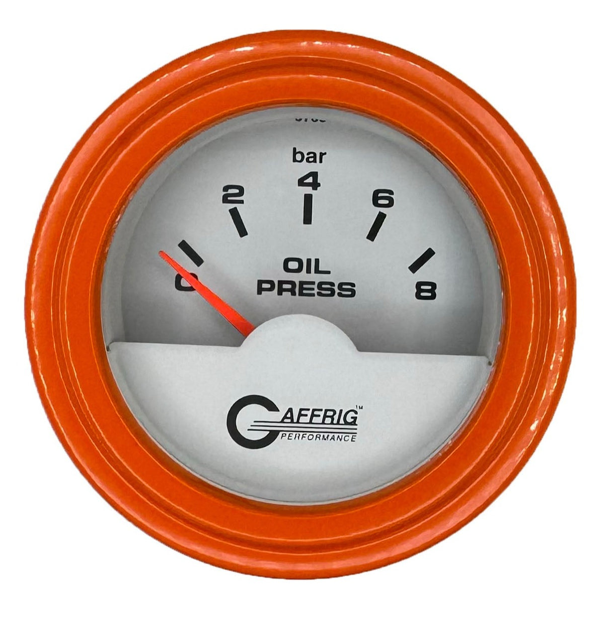 GAFFRIG 2 INCH INTERNATIONAL ELECTRIC OIL PRESSURE GAUGE 0-8 BARS - WHITE STEP RIM / ORANGE