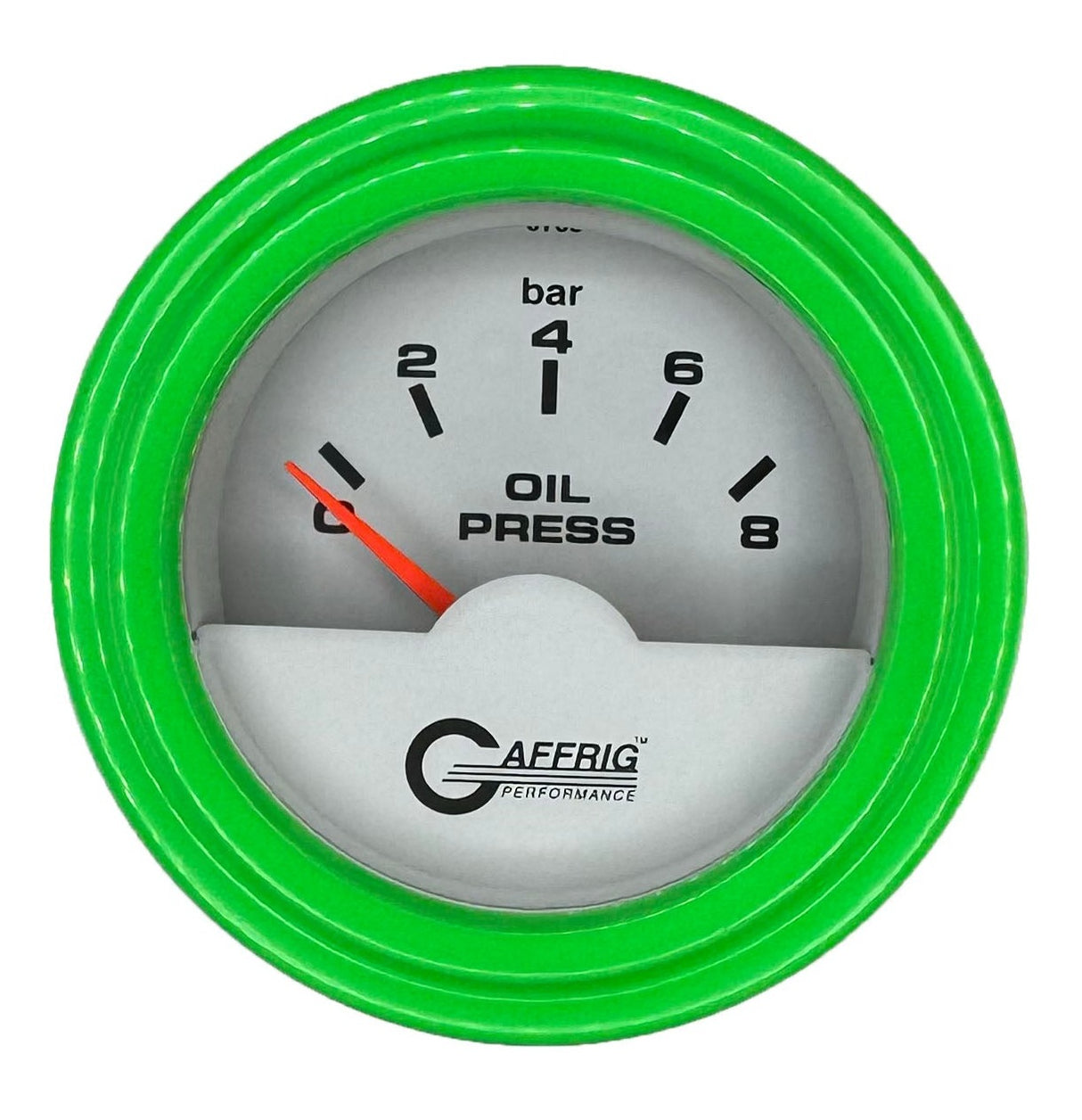 GAFFRIG 2 INCH INTERNATIONAL ELECTRIC OIL PRESSURE GAUGE 0-8 BARS - WHITE STEP RIM / LIME GREEN