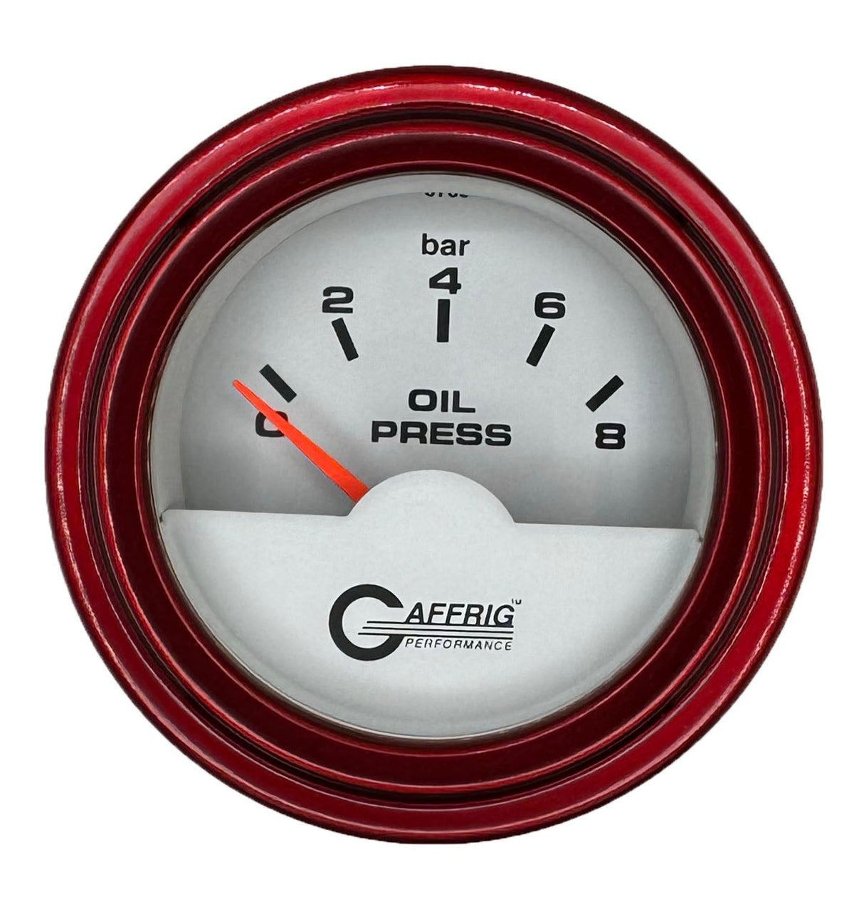 GAFFRIG 2 INCH INTERNATIONAL ELECTRIC OIL PRESSURE GAUGE 0-8 BARS - WHITE STEP RIM / RED