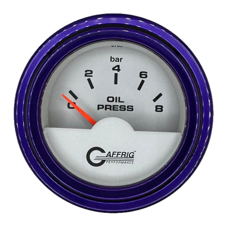 GAFFRIG 2 INCH INTERNATIONAL ELECTRIC OIL PRESSURE GAUGE 0-8 BARS - WHITE STEP RIM / PURPLE