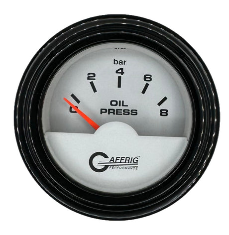 GAFFRIG 2 INCH INTERNATIONAL ELECTRIC OIL PRESSURE GAUGE 0-8 BARS - WHITE STEP RIM / BLACK