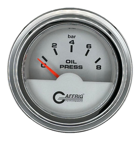 GAFFRIG 2 INCH INTERNATIONAL ELECTRIC OIL PRESSURE GAUGE 0-8 BARS - WHITE STEP RIM / CHROME