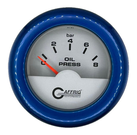 GAFFRIG 2 INCH INTERNATIONAL ELECTRIC OIL PRESSURE GAUGE 0-8 BARS - WHITE FAT RIM / BLUE