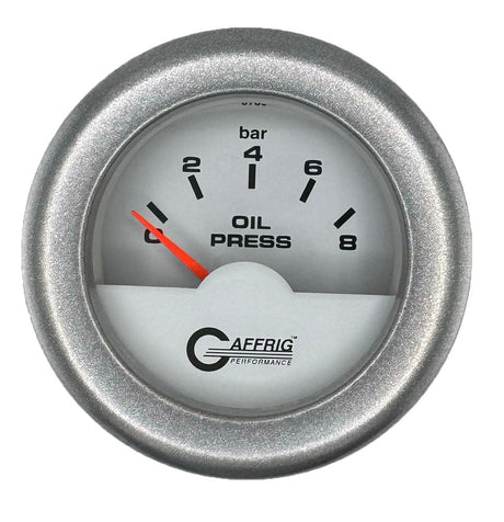 GAFFRIG 2 INCH INTERNATIONAL ELECTRIC OIL PRESSURE GAUGE 0-8 BARS - WHITE FAT RIM / PLATINUM