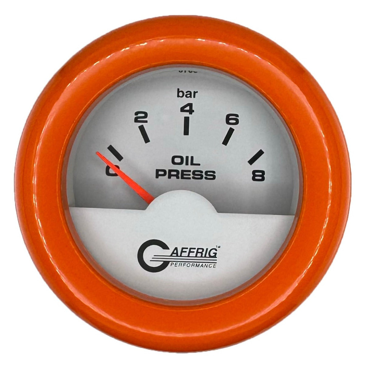 GAFFRIG 2 INCH INTERNATIONAL ELECTRIC OIL PRESSURE GAUGE 0-8 BARS - WHITE FAT RIM / ORANGE