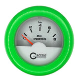 GAFFRIG 2 INCH INTERNATIONAL ELECTRIC OIL PRESSURE GAUGE 0-8 BARS - WHITE FAT RIM / LIME GREEN