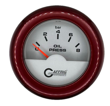 GAFFRIG 2 INCH INTERNATIONAL ELECTRIC OIL PRESSURE GAUGE 0-8 BARS - WHITE FAT RIM / RED