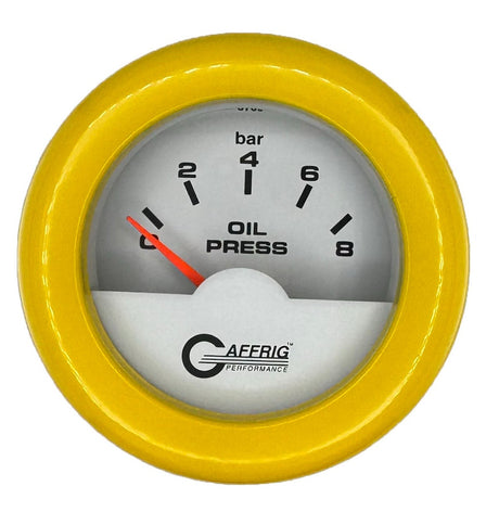 GAFFRIG 2 INCH INTERNATIONAL ELECTRIC OIL PRESSURE GAUGE 0-8 BARS - WHITE FAT RIM / YELLOW