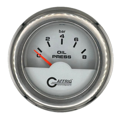 GAFFRIG 2 INCH INTERNATIONAL ELECTRIC OIL PRESSURE GAUGE 0-8 BARS - WHITE FAT RIM / CHROME