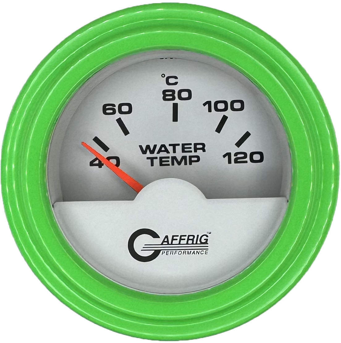 GAFFRIG PART #5876 2 INCH INTERNATIONAL ELECTRIC WATER TEMP GAUGE 40-120 C WHITE STEP RIM (002) / LIME GREEN