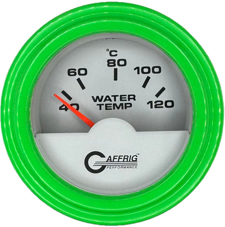 GAFFRIG PART #5876 2 INCH INTERNATIONAL ELECTRIC WATER TEMP GAUGE 40-120 C WHITE STEP RIM (002) / LIME GREEN