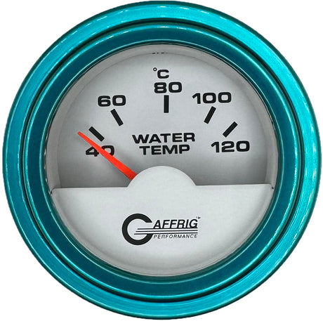 GAFFRIG PART #5876 2 INCH INTERNATIONAL ELECTRIC WATER TEMP GAUGE 40-120 C WHITE STEP RIM (002) / TEAL