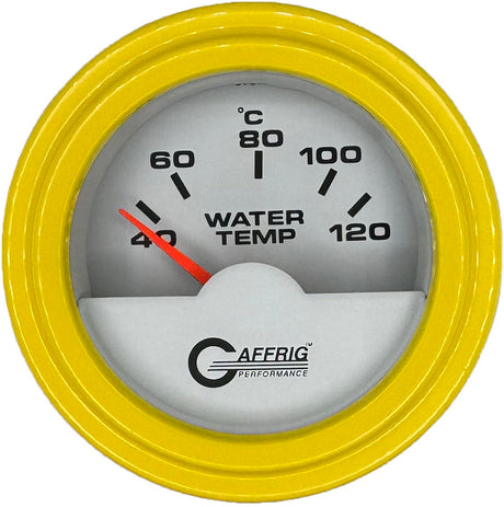 GAFFRIG PART #5876 2 INCH INTERNATIONAL ELECTRIC WATER TEMP GAUGE 40-120 C WHITE STEP RIM (002) / YELLOW