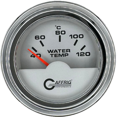 GAFFRIG PART #5876 2 INCH INTERNATIONAL ELECTRIC WATER TEMP GAUGE 40-120 C WHITE STEP RIM (002) / CHROME/POLISHED