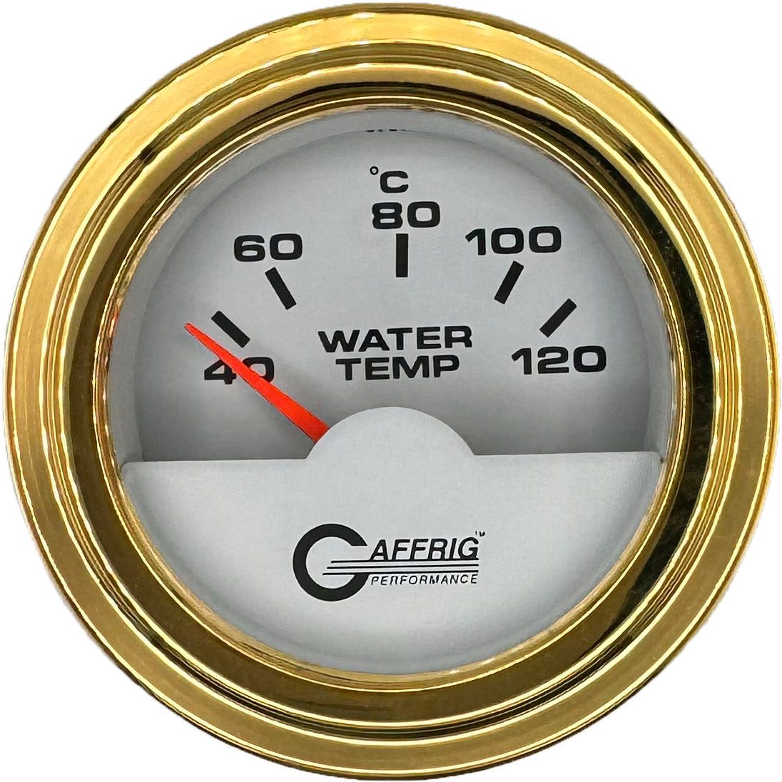 GAFFRIG PART #5876 2 INCH INTERNATIONAL ELECTRIC WATER TEMP GAUGE 40-120 C WHITE STEP RIM (002) / GOLD