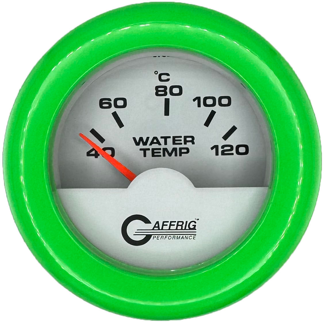 GAFFRIG PART #5876 2 INCH INTERNATIONAL ELECTRIC WATER TEMP GAUGE 40-120 C WHITE FAT RIM (218) / LIME GREEN