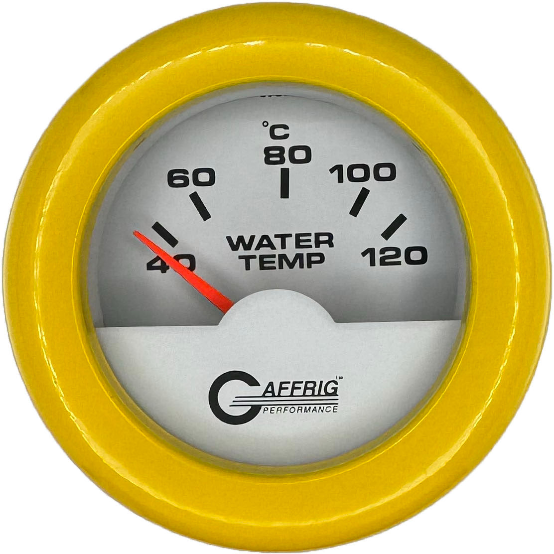 GAFFRIG PART #5876 2 INCH INTERNATIONAL ELECTRIC WATER TEMP GAUGE 40-120 C WHITE FAT RIM (218) / YELLOW