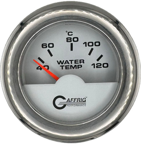 GAFFRIG PART #5876 2 INCH INTERNATIONAL ELECTRIC WATER TEMP GAUGE 40-120 C WHITE FAT RIM (218) / CHROME/POLISHED