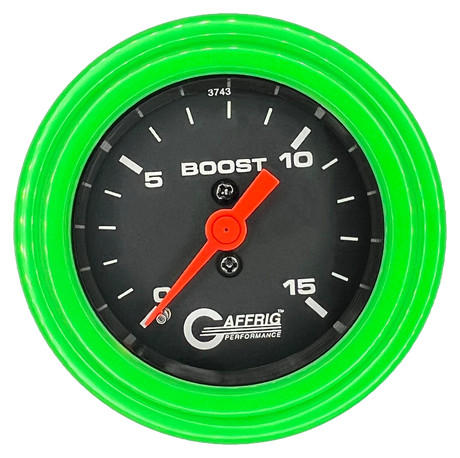 GAFFRIG 2 INCH MECHANICAL BOOST GAUGE 0-15 PSI STEP RIM (002) / LIME GREEN / BLACK