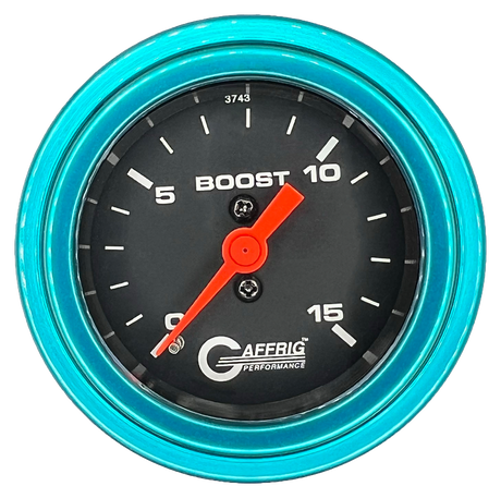 GAFFRIG 2 INCH MECHANICAL BOOST GAUGE 0-15 PSI STEP RIM (002) / TEAL / BLACK