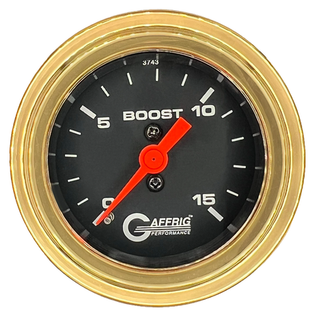 GAFFRIG 2 INCH MECHANICAL BOOST GAUGE 0-15 PSI STEP RIM (002) / GOLD / BLACK