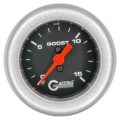 GAFFRIG 2 INCH MECHANICAL BOOST GAUGE 0-15 PSI FAT RIM (218) / PLATINUM / BLACK