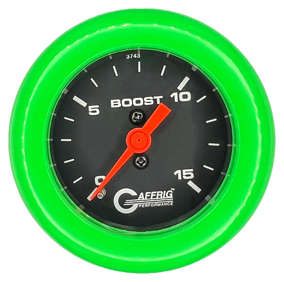 GAFFRIG 2 INCH MECHANICAL BOOST GAUGE 0-15 PSI FAT RIM (218) / LIME GREEN / BLACK