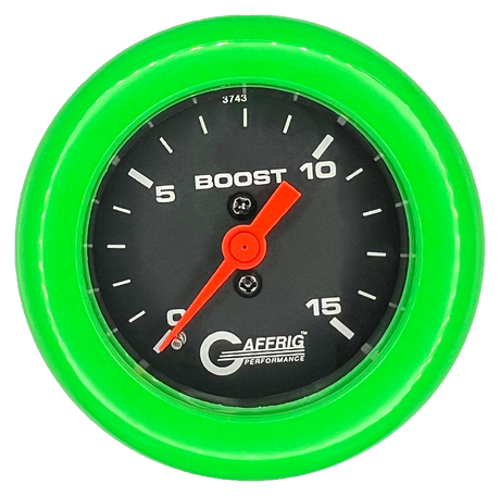 GAFFRIG 2 INCH MECHANICAL BOOST GAUGE 0-15 PSI FAT RIM (218) / LIME GREEN / BLACK