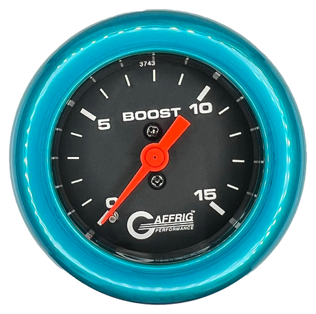 GAFFRIG 2 INCH MECHANICAL BOOST GAUGE 0-15 PSI FAT RIM (218) / TEAL / BLACK